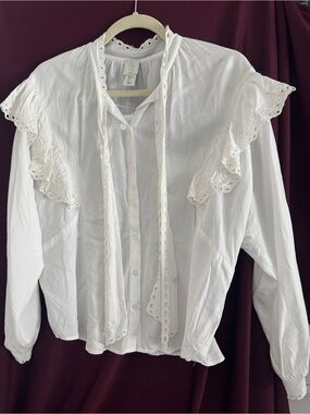 Joie NWT Women's White Eyelet Ruffle tie-neck Button-Up Blouse size L- large